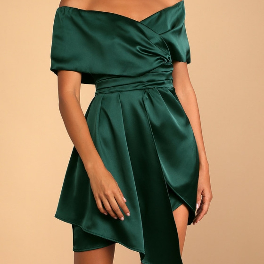 NWT Lulu’s Always Celebrating Dark Green Satin Off-the-Shoulder Mini Dress